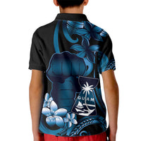 Blue Hafa Adai Guam Kid Polo Shirt Chamorro Latte Stone Hand With Plumeria