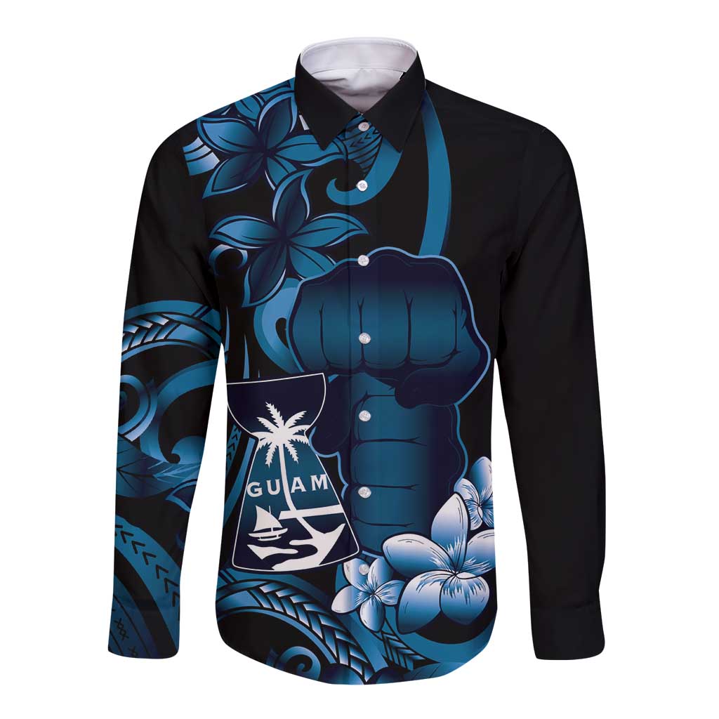 Blue Hafa Adai Guam Long Sleeve Button Shirt Chamorro Latte Stone Hand With Plumeria