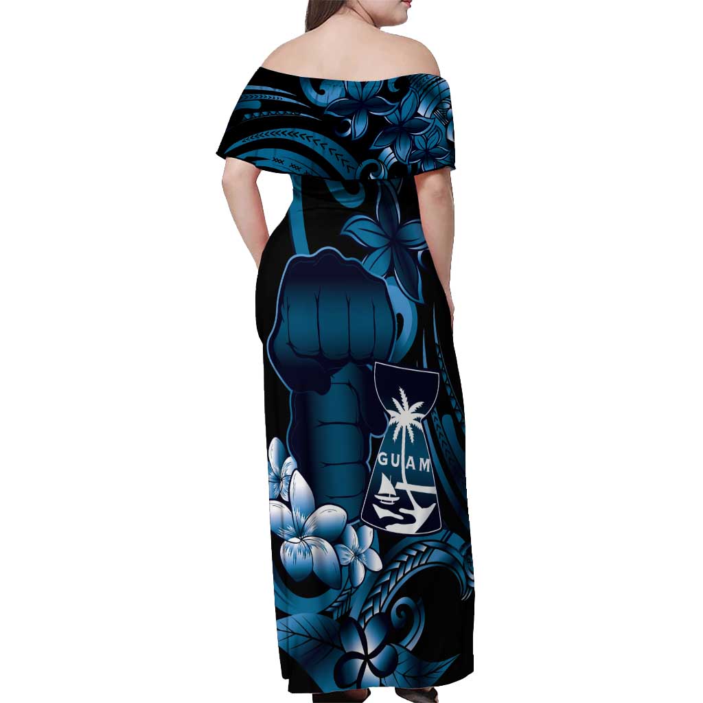 Blue Hafa Adai Guam Off Shoulder Maxi Dress Chamorro Latte Stone Hand With Plumeria