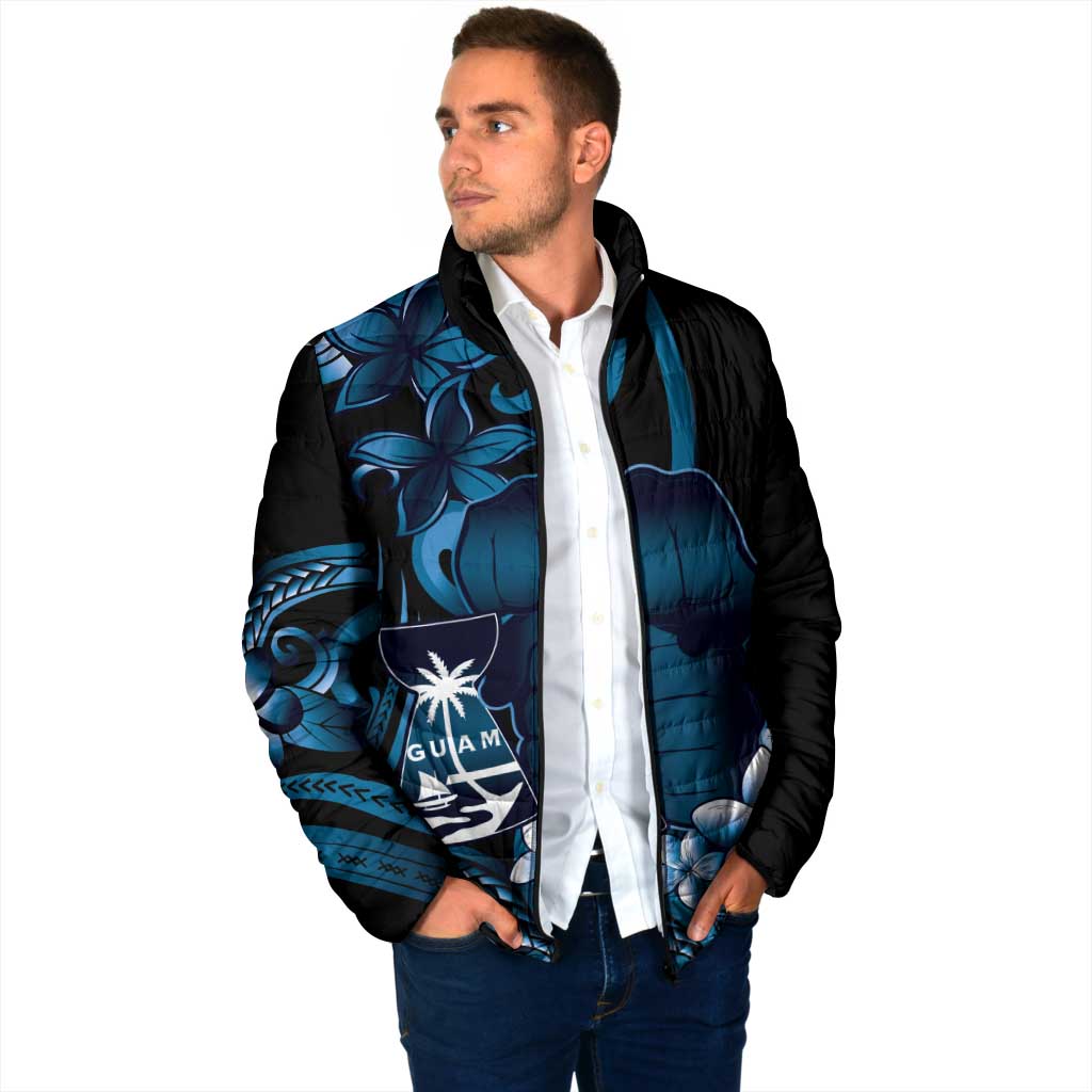 Blue Hafa Adai Guam Padded Jacket Chamorro Latte Stone Hand With Plumeria - Polynesian Pride