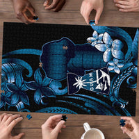 Blue Hafa Adai Guam Puzzle Chamorro Latte Stone Hand With Plumeria - Polynesian Pride