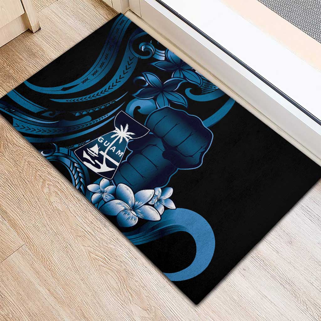 Blue Hafa Adai Guam Rubber Doormat Chamorro Latte Stone Hand With Plumeria