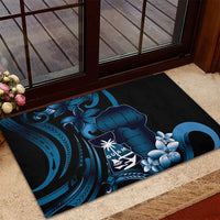 Blue Hafa Adai Guam Rubber Doormat Chamorro Latte Stone Hand With Plumeria