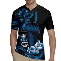 Blue Hafa Adai Guam Rugby Jersey Chamorro Latte Stone Hand With Plumeria