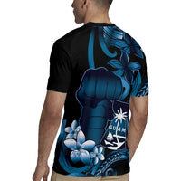 Blue Hafa Adai Guam Rugby Jersey Chamorro Latte Stone Hand With Plumeria