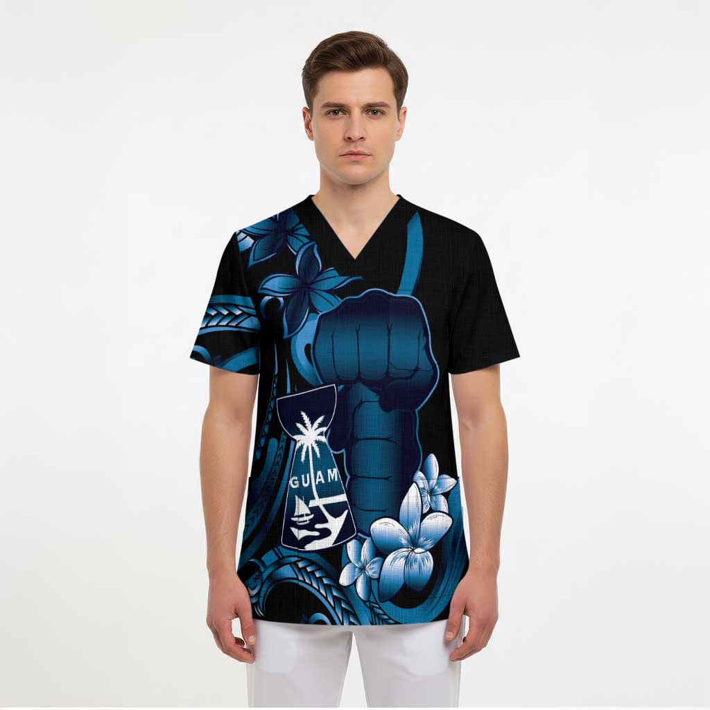 Blue Hafa Adai Guam Scrub Top Chamorro Latte Stone Hand With Plumeria - Polynesian Pride