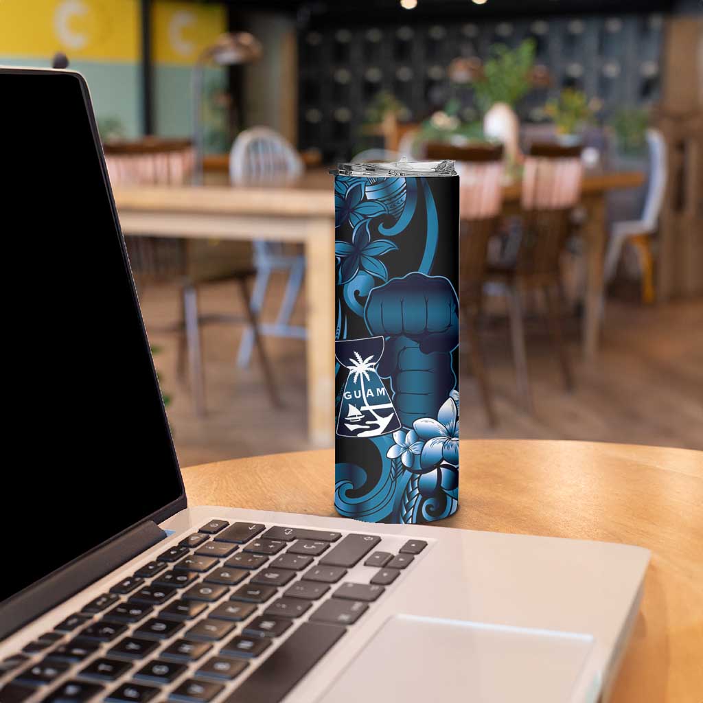 Blue Hafa Adai Guam Skinny Tumbler Chamorro Latte Stone Hand With Plumeria