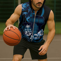 Blue Hafa Adai Guam Sleeveless Zip Hoodie Chamorro Latte Stone Hand With Plumeria - Polynesian Pride