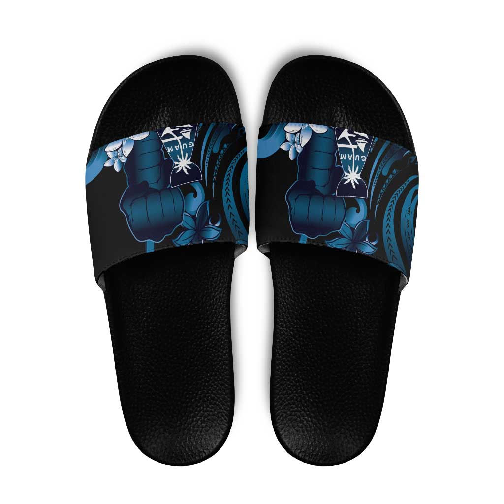 Blue Hafa Adai Guam Slide Sandals Chamorro Latte Stone Hand With Plumeria LT14 Blue - Polynesian Pride