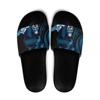 Blue Hafa Adai Guam Slide Sandals Chamorro Latte Stone Hand With Plumeria LT14 Blue - Polynesian Pride