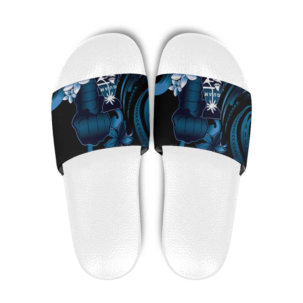 Blue Hafa Adai Guam Slide Sandals Chamorro Latte Stone Hand With Plumeria LT14 Blue - Polynesian Pride