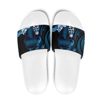 Blue Hafa Adai Guam Slide Sandals Chamorro Latte Stone Hand With Plumeria LT14 Blue - Polynesian Pride