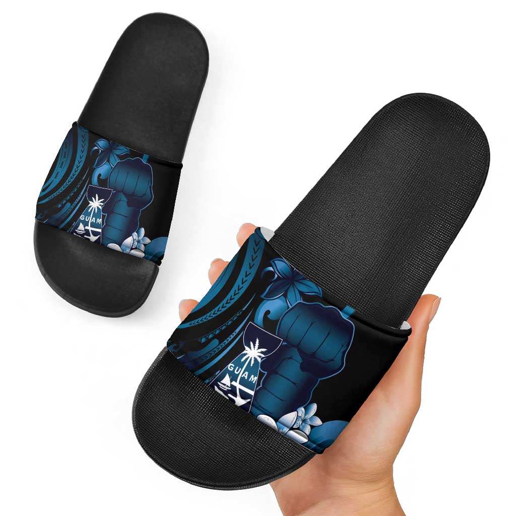 Blue Hafa Adai Guam Slide Sandals Chamorro Latte Stone Hand With Plumeria LT14 - Polynesian Pride