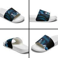 Blue Hafa Adai Guam Slide Sandals Chamorro Latte Stone Hand With Plumeria LT14 - Polynesian Pride