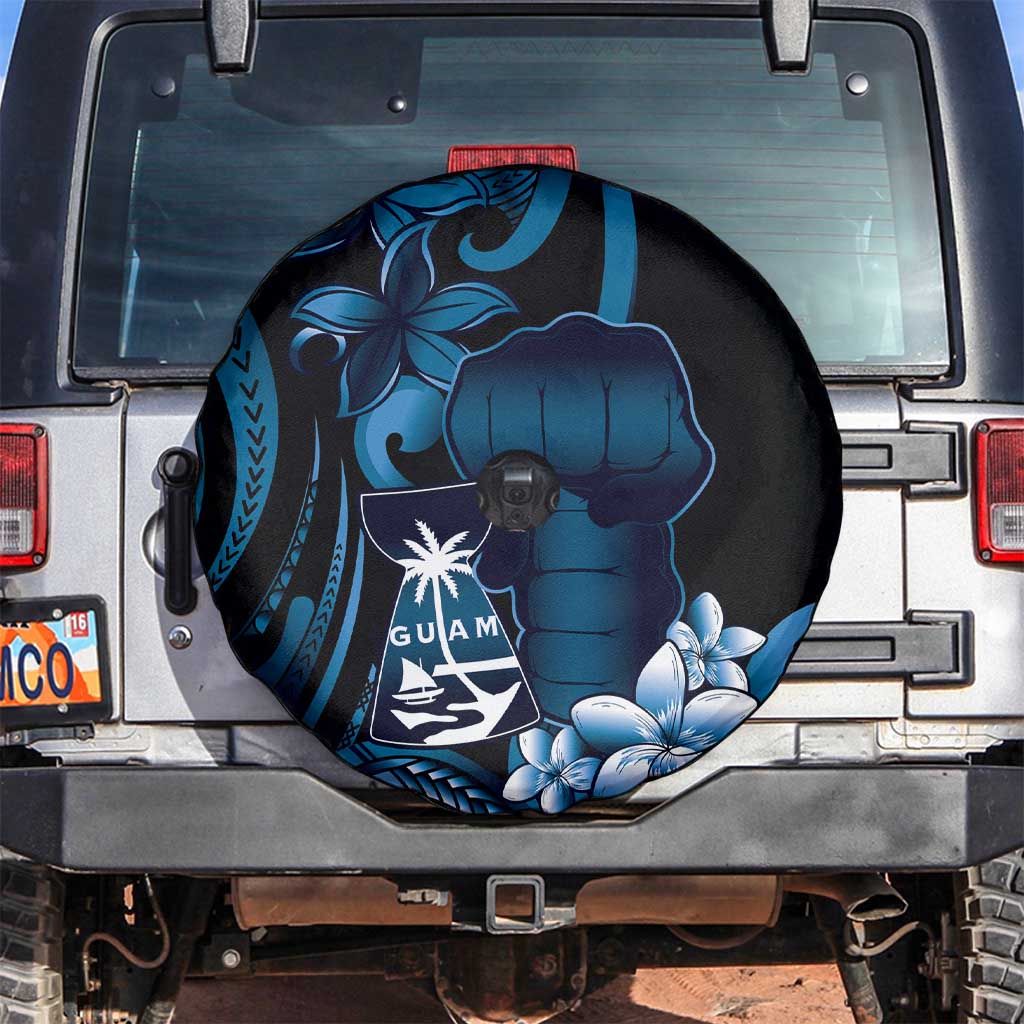 Blue Hafa Adai Guam Spare Tire Cover Chamorro Latte Stone Hand With Plumeria