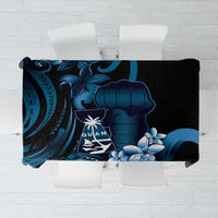 Blue Hafa Adai Guam Tablecloth Chamorro Latte Stone Hand With Plumeria