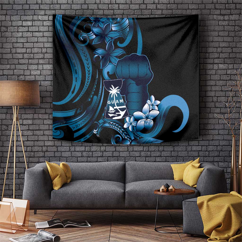 Blue Hafa Adai Guam Tapestry Chamorro Latte Stone Hand With Plumeria