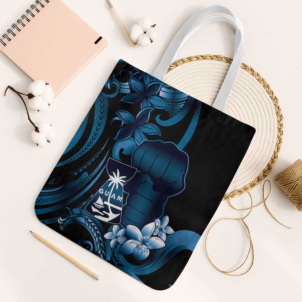 Blue Hafa Adai Guam Tote Bag Chamorro Latte Stone Hand With Plumeria - Polynesian Pride