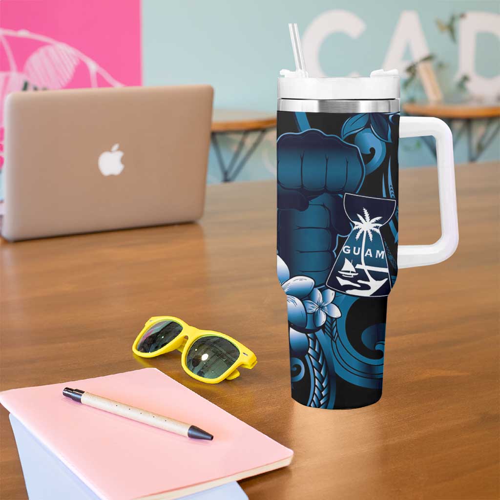 Blue Hafa Adai Guam Tumbler With Handle Chamorro Latte Stone Hand With Plumeria