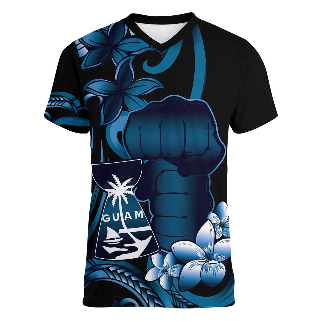 Blue Hafa Adai Guam Women V-Neck T-Shirt Chamorro Latte Stone Hand With Plumeria
