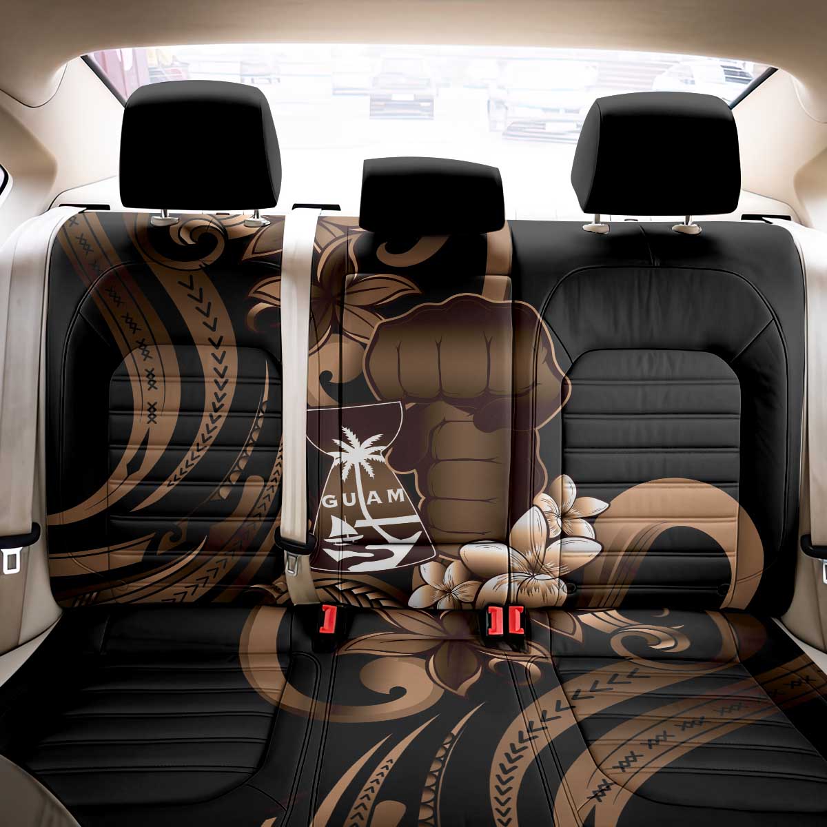 Brown Hafa Adai Guam Back Car Seat Cover Chamorro Latte Stone Hand With Plumeria