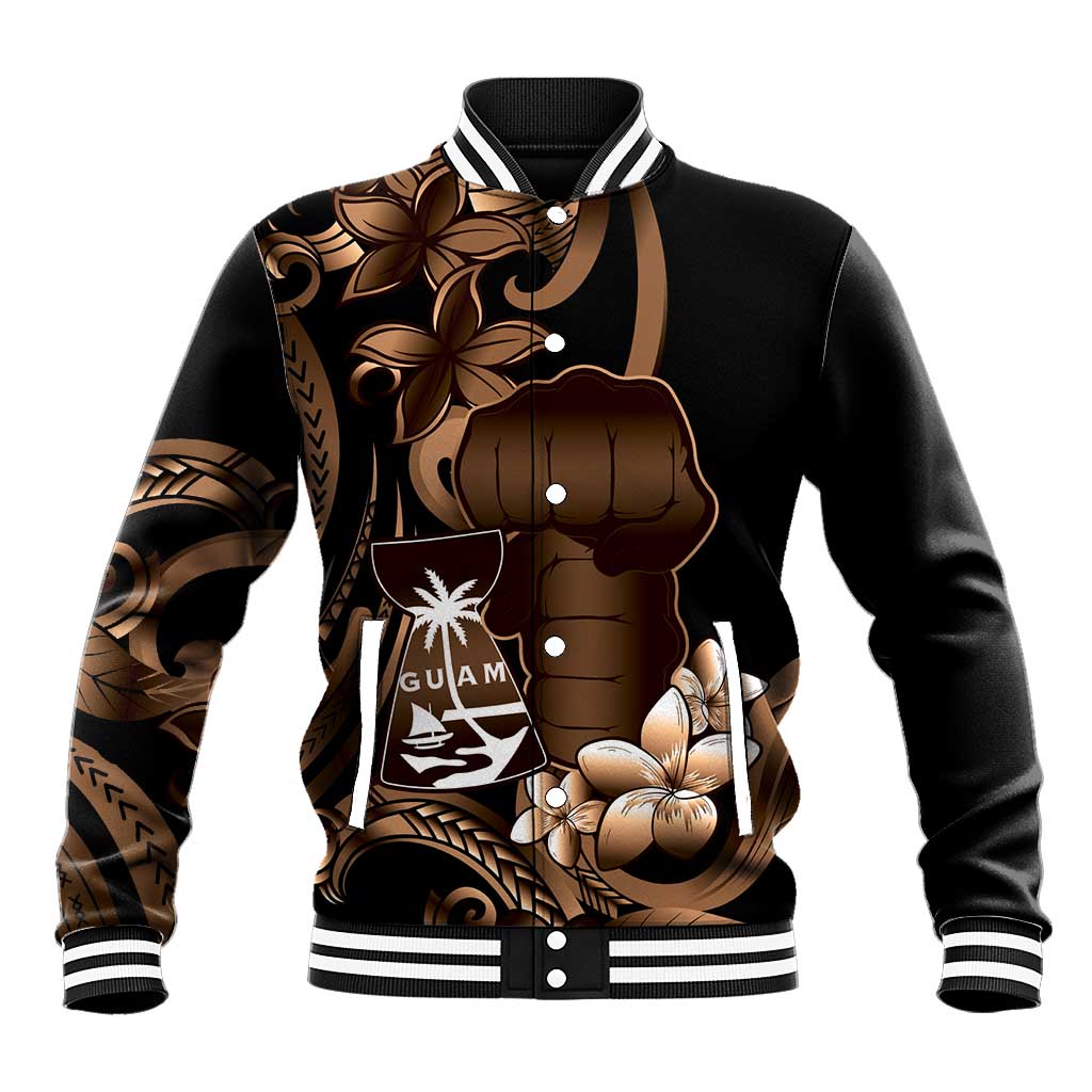 Brown Hafa Adai Guam Baseball Jacket Chamorro Latte Stone Hand With Plumeria