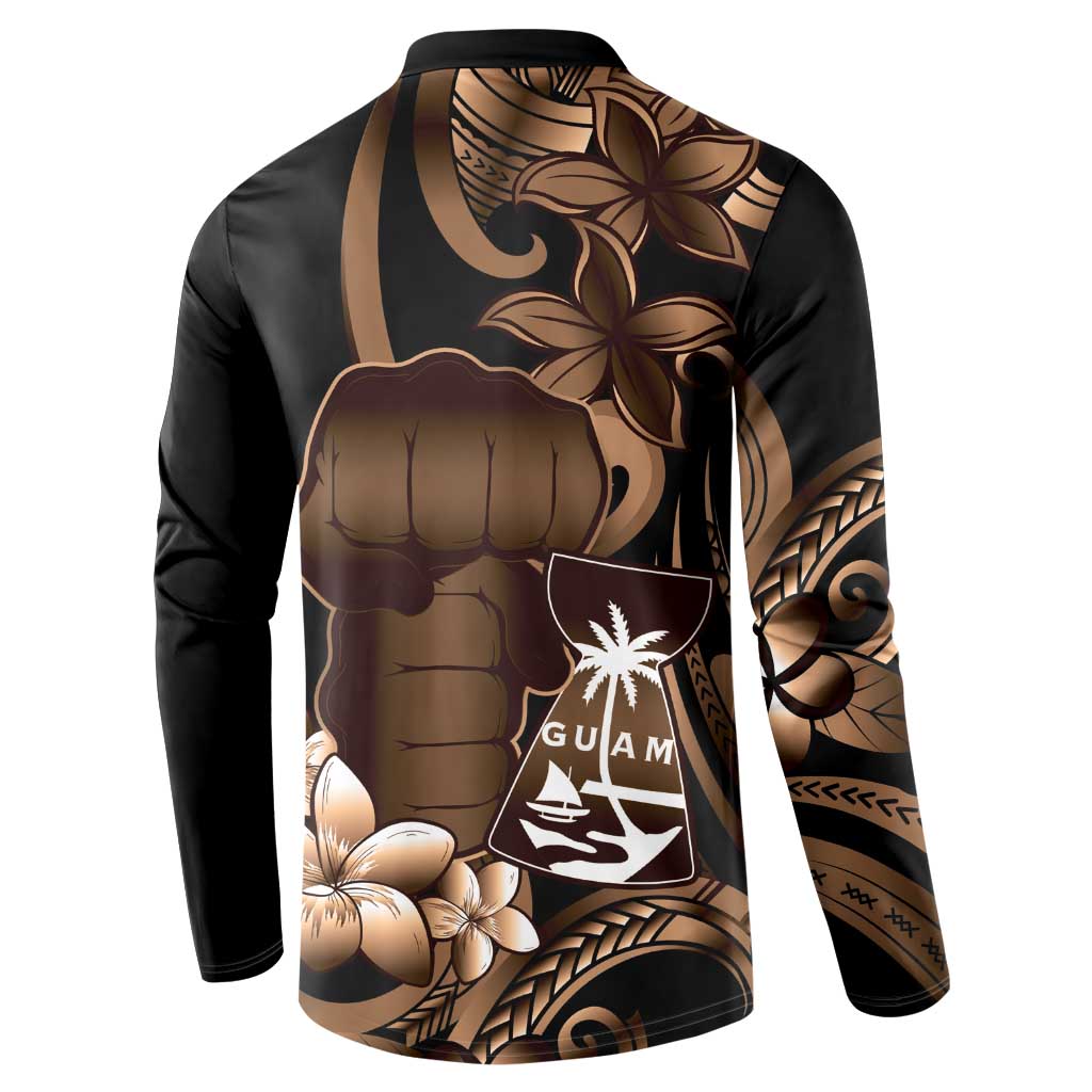 Brown Hafa Adai Guam Button Sweatshirt Chamorro Latte Stone Hand With Plumeria