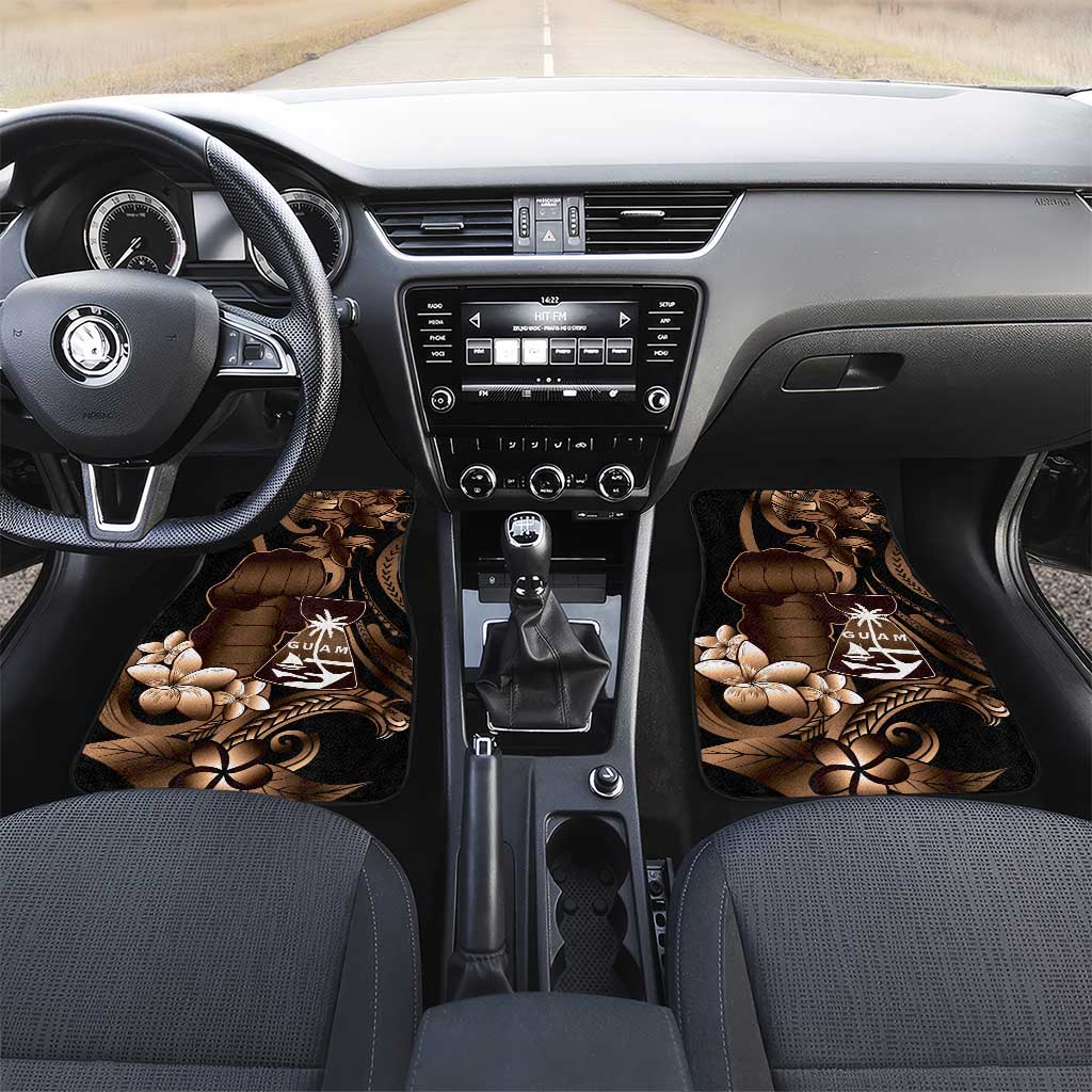 Brown Hafa Adai Guam Car Mats Chamorro Latte Stone Hand With Plumeria LT14 Set 2pcs - Front Brown - Polynesian Pride
