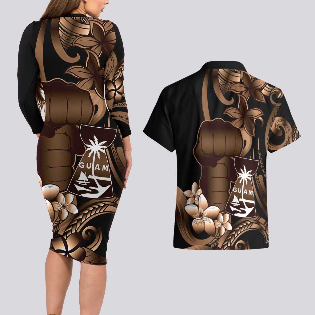 Brown Hafa Adai Guam Couples Matching Long Sleeve Bodycon Dress and Hawaiian Shirt Chamorro Latte Stone Hand With Plumeria