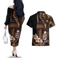 Brown Hafa Adai Guam Couples Matching Off The Shoulder Long Sleeve Dress and Hawaiian Shirt Chamorro Latte Stone Hand With Plumeria