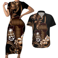 Brown Hafa Adai Guam Couples Matching Short Sleeve Bodycon Dress and Hawaiian Shirt Chamorro Latte Stone Hand With Plumeria