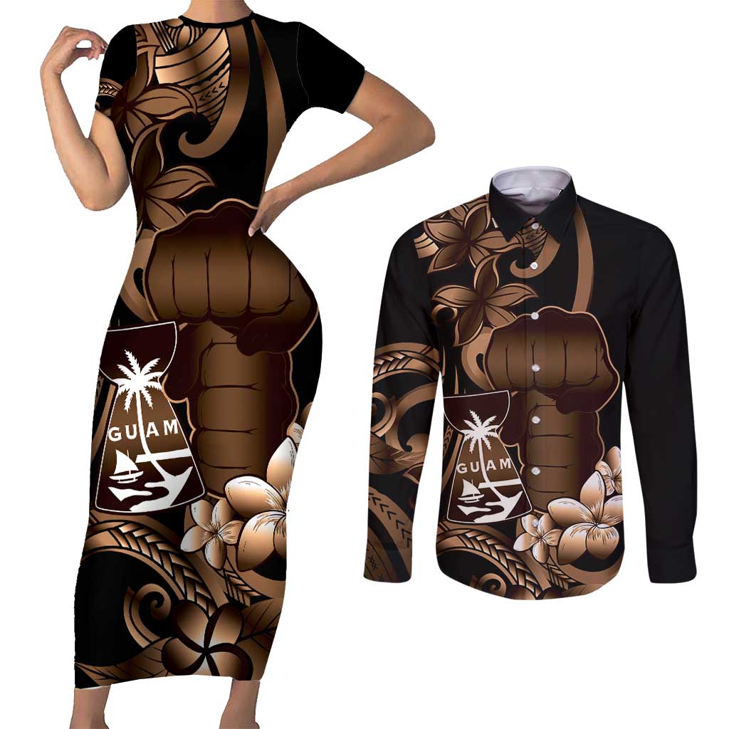 Brown Hafa Adai Guam Couples Matching Short Sleeve Bodycon Dress and Long Sleeve Button Shirt Chamorro Latte Stone Hand With Plumeria