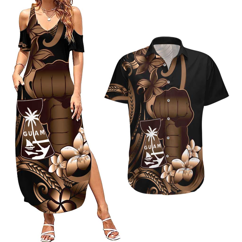 Brown Hafa Adai Guam Couples Matching Summer Maxi Dress and Hawaiian Shirt Chamorro Latte Stone Hand With Plumeria