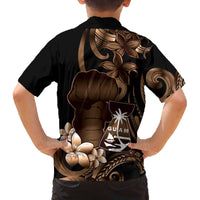 Brown Hafa Adai Guam Family Matching Off The Shoulder Long Sleeve Dress and Hawaiian Shirt Chamorro Latte Stone Hand With Plumeria