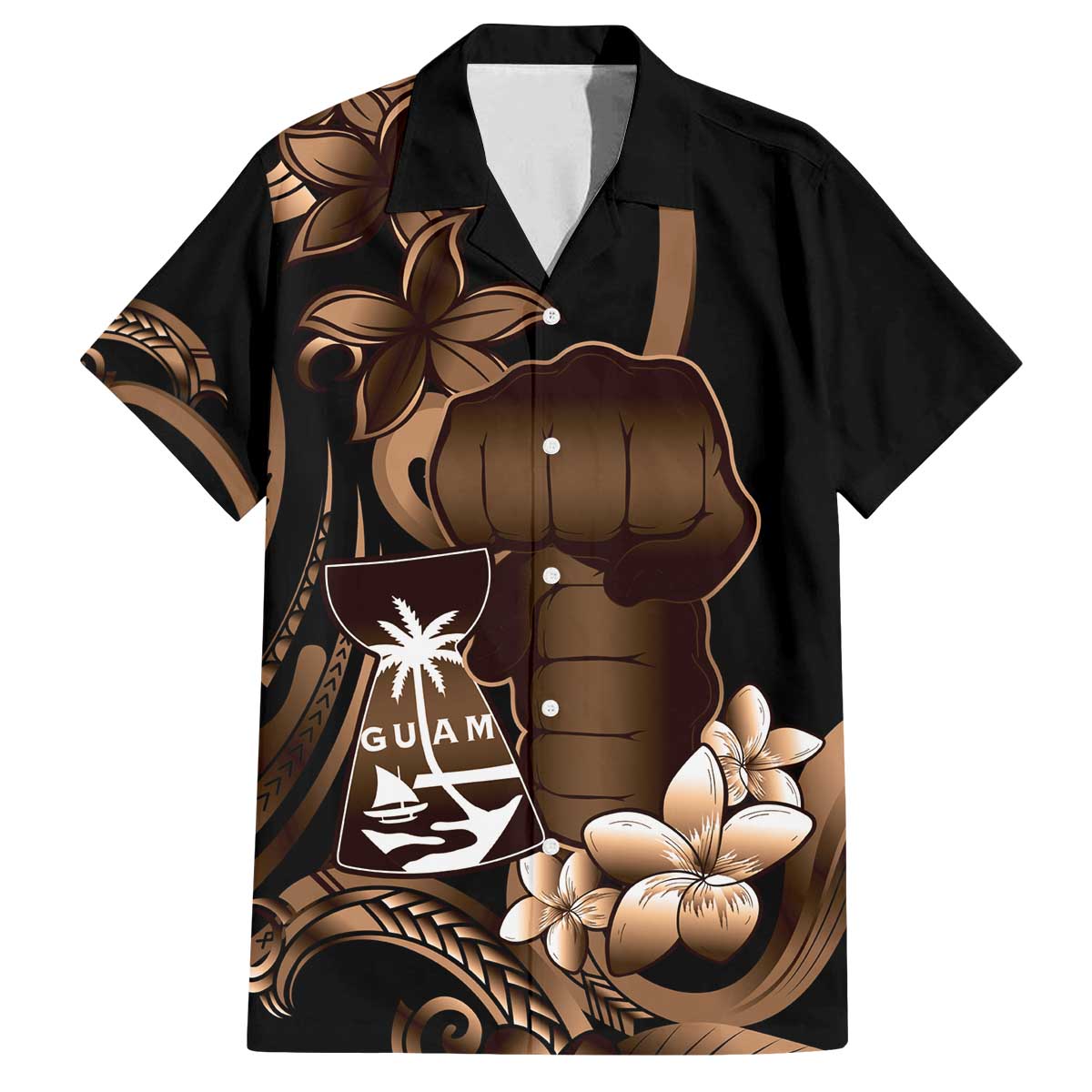 Brown Hafa Adai Guam Family Matching Off The Shoulder Long Sleeve Dress and Hawaiian Shirt Chamorro Latte Stone Hand With Plumeria