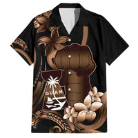 Brown Hafa Adai Guam Family Matching Off The Shoulder Long Sleeve Dress and Hawaiian Shirt Chamorro Latte Stone Hand With Plumeria