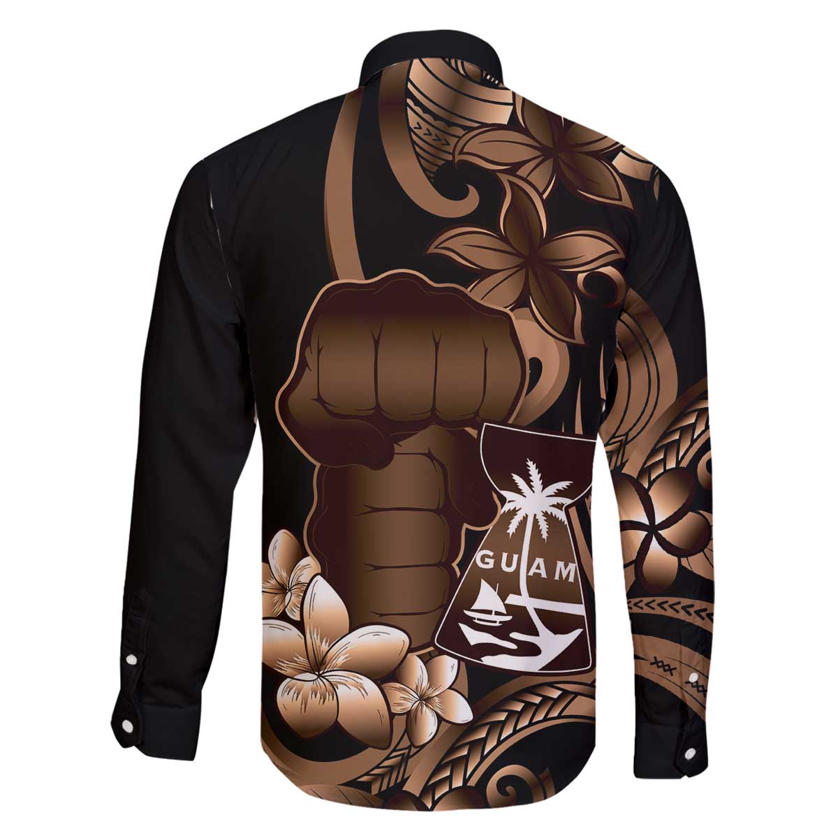 Brown Hafa Adai Guam Family Matching Off The Shoulder Long Sleeve Dress and Hawaiian Shirt Chamorro Latte Stone Hand With Plumeria