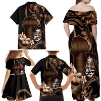 Brown Hafa Adai Guam Family Matching Off Shoulder Maxi Dress and Hawaiian Shirt Chamorro Latte Stone Hand With Plumeria