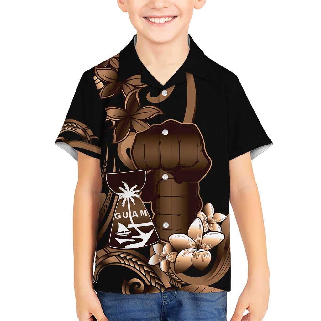 Brown Hafa Adai Guam Kid Hawaiian Shirt Chamorro Latte Stone Hand With Plumeria