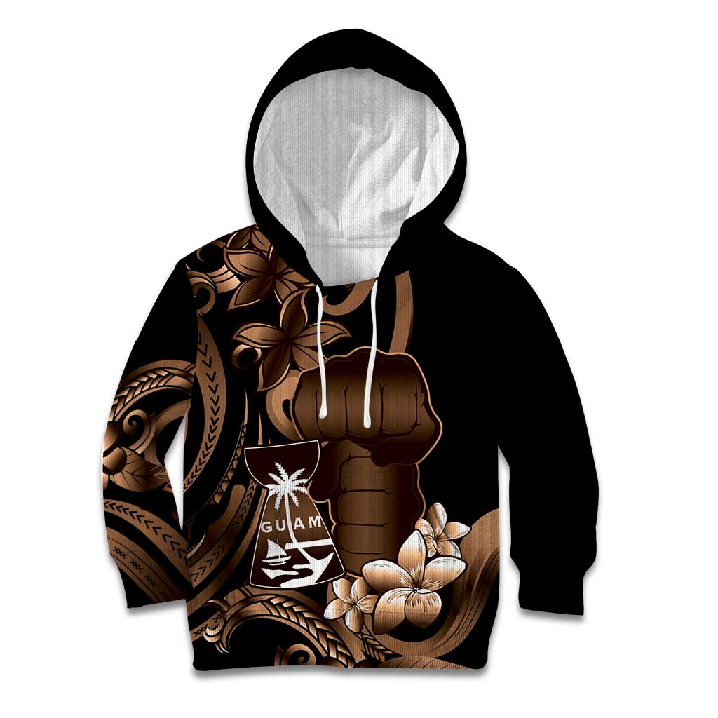 Brown Hafa Adai Guam Kid Hoodie Chamorro Latte Stone Hand With Plumeria