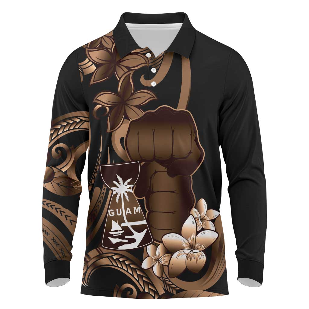 Brown Hafa Adai Guam Long Sleeve Polo Shirt Chamorro Latte Stone Hand With Plumeria