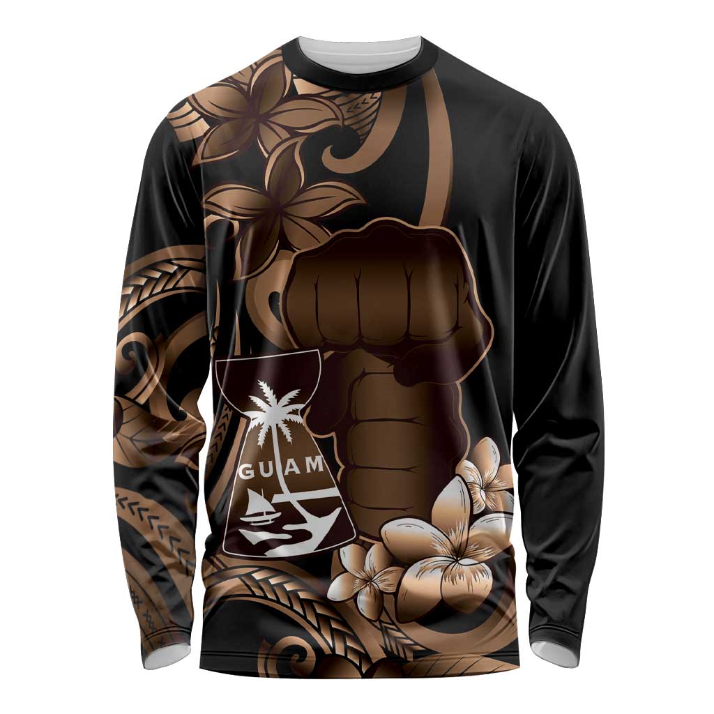 Brown Hafa Adai Guam Long Sleeve Shirt Chamorro Latte Stone Hand With Plumeria