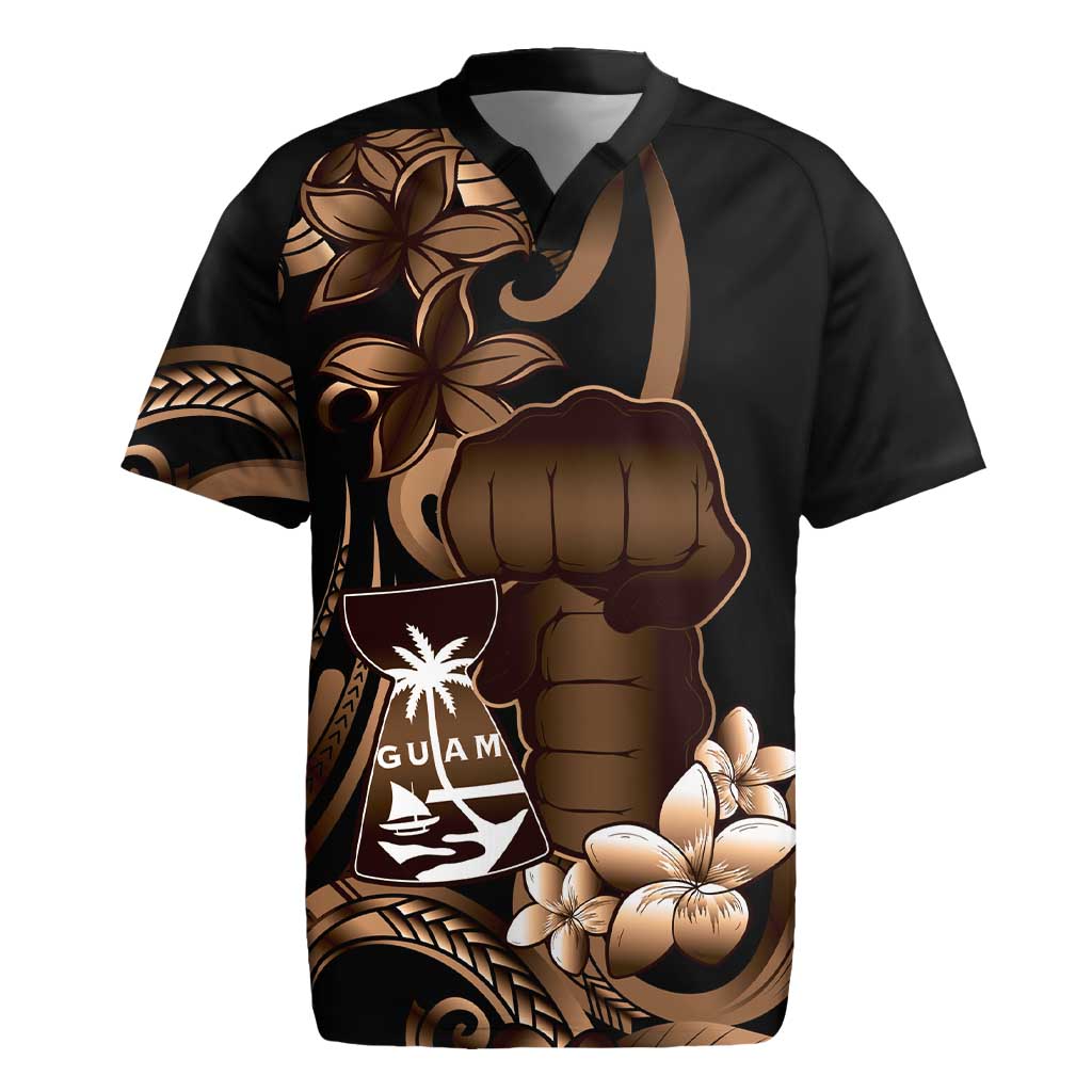 Brown Hafa Adai Guam Rugby Jersey Chamorro Latte Stone Hand With Plumeria