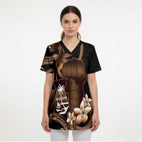 Brown Hafa Adai Guam Scrub Top Chamorro Latte Stone Hand With Plumeria - Polynesian Pride