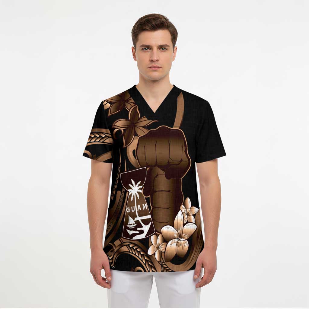 Brown Hafa Adai Guam Scrub Top Chamorro Latte Stone Hand With Plumeria - Polynesian Pride