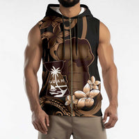 Brown Hafa Adai Guam Sleeveless Zip Hoodie Chamorro Latte Stone Hand With Plumeria - Polynesian Pride