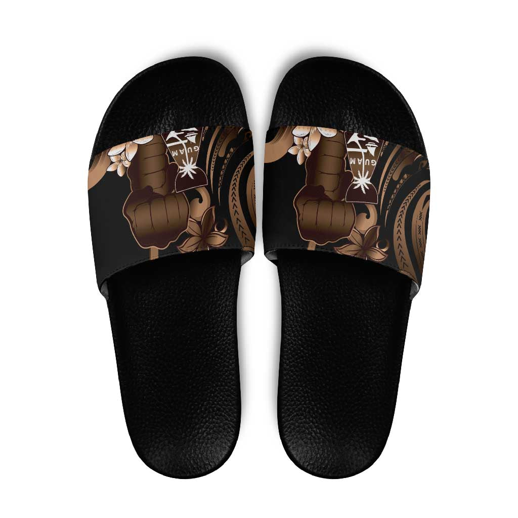 Brown Hafa Adai Guam Slide Sandals Chamorro Latte Stone Hand With Plumeria LT14 Brown - Polynesian Pride