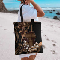 Brown Hafa Adai Guam Tote Bag Chamorro Latte Stone Hand With Plumeria - Polynesian Pride