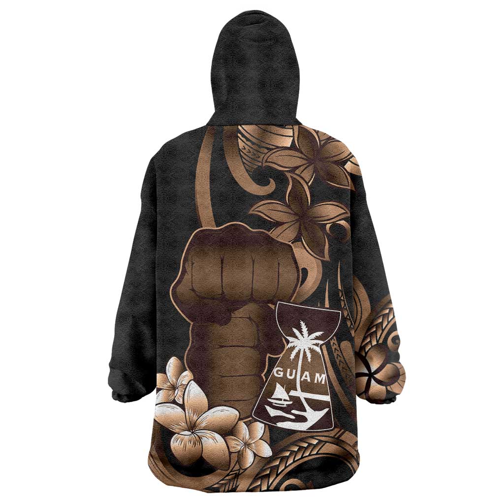 Brown Hafa Adai Guam Wearable Blanket Hoodie Chamorro Latte Stone Hand With Plumeria