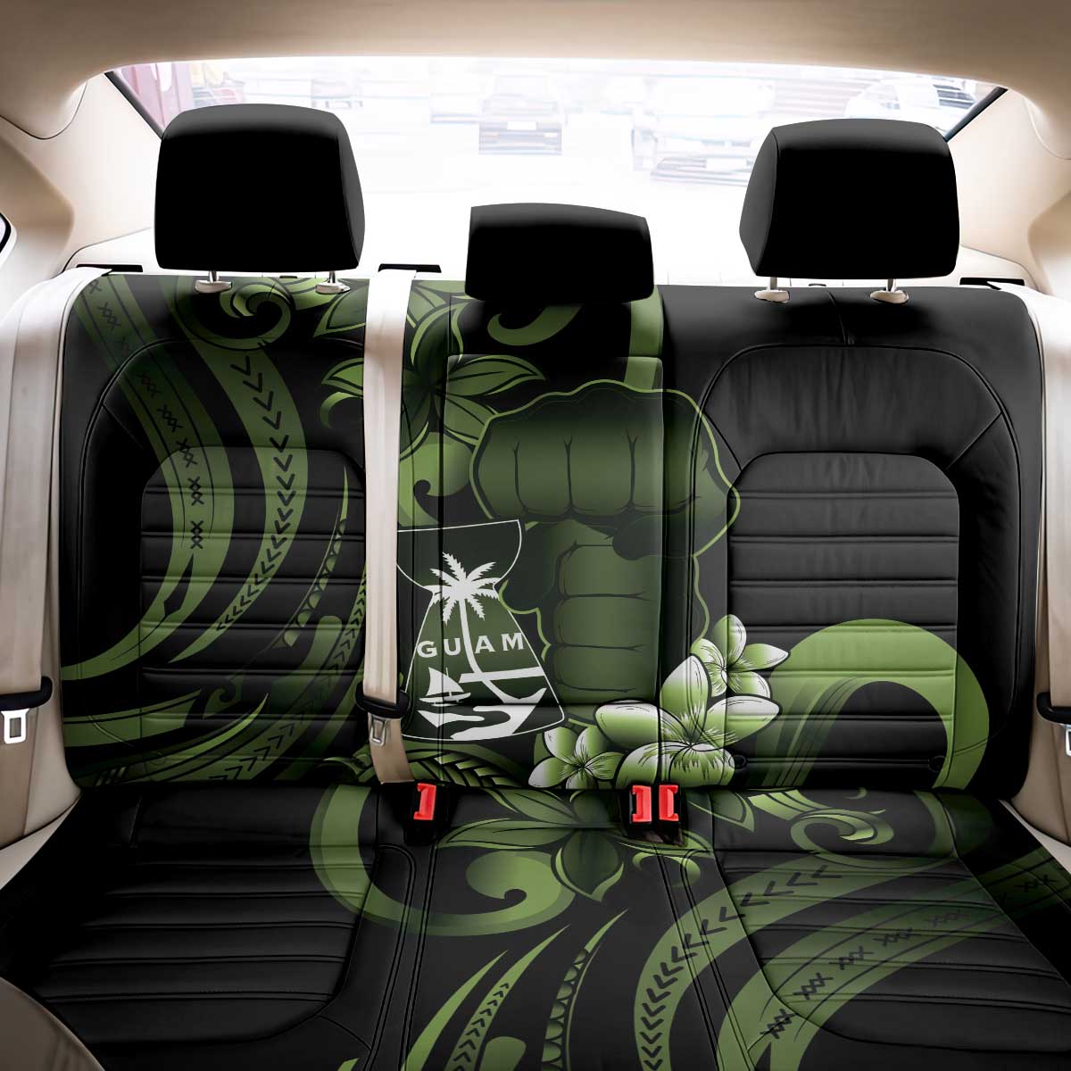 Green Hafa Adai Guam Back Car Seat Cover Chamorro Latte Stone Hand With Plumeria